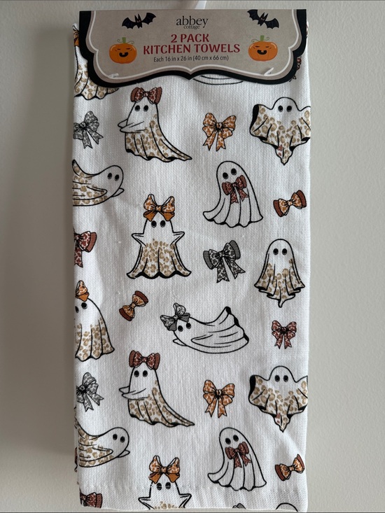 Abbey Cottage Other - Abbey Halloween leopard ghost Kitchen Towels 2 Pack White Gold & Black Accent